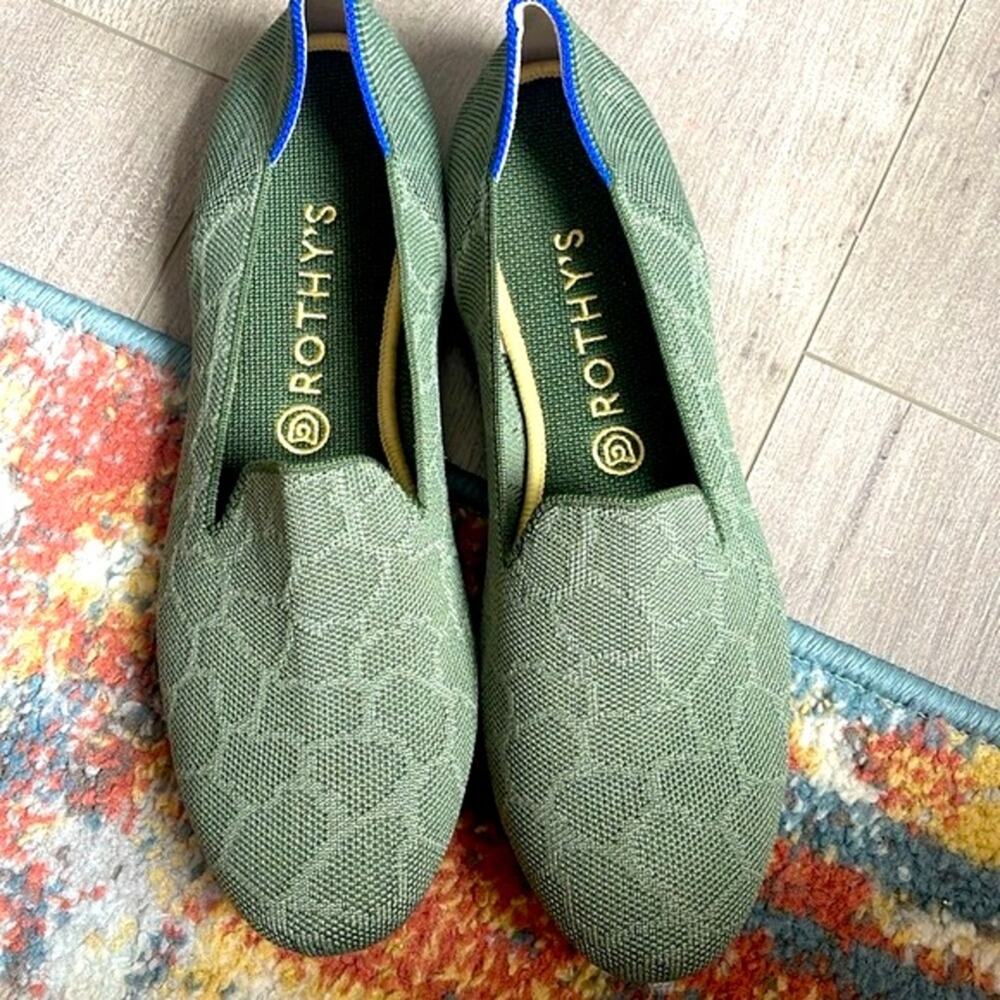 Rothy's Safari Green Knit Slip-On loafer with Blue heel trim